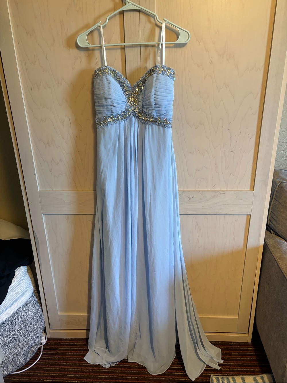 Xscape Light Blue Beaded Chiffon Prom Gown